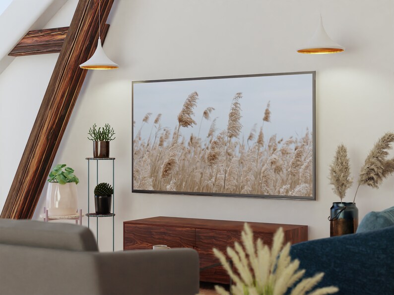 May include: A living room interior with a flat screen TV displaying a photograph of tall grass blowing in the wind. The TV is mounted on the wall above a dark wood entertainment center. There are two pendant lights hanging from the ceiling, and a potted plant on a metal stand.