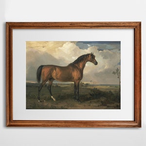 May include: A painting of a brown horse standing in a field. The horse is facing to the right and has a long mane and tail. The background is a cloudy sky with a few trees in the distance.