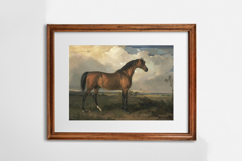 May include: A painting of a brown horse standing in a field. The horse is facing to the right and has a long mane and tail. The background is a cloudy sky with a few trees in the distance.