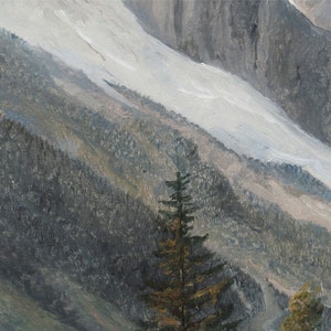 May include: A close-up of a mountain scene with a snow-capped peak and a dark green forest in the foreground. The snow is white and the forest is a deep green.