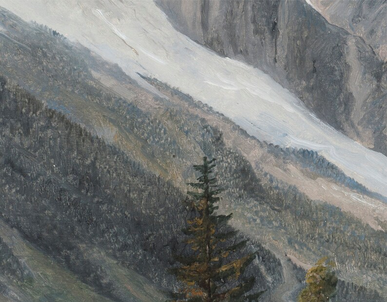 May include: A close-up of a mountain scene with a snow-capped peak and a dark green forest in the foreground. The snow is white and the forest is a deep green.