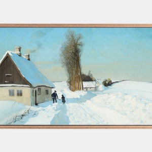 Samsung Frame Tv Art, Vİntage Winter Landscape, Winter Digital Art, Paintings of Snowy Cottage, 4k Frame Tv Art, Instant Download