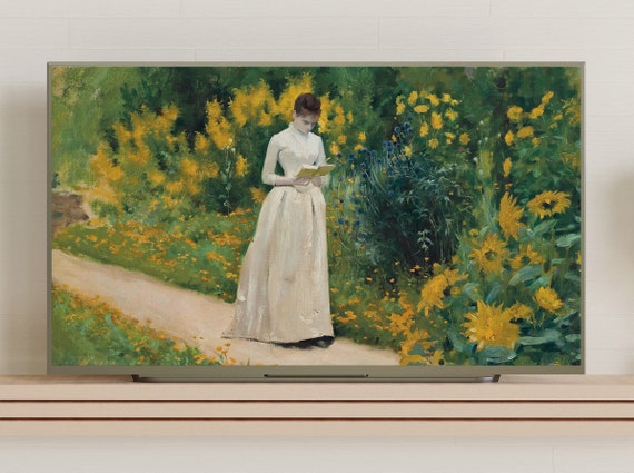 Samsung Frame TV アート：ヴィンテージガーデンで読書をする女性