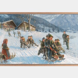 Samsung Frame Tv Art, Vintage Toboggan Paintings, Winter Digital Art, Christmas Artworks, 4k Frame Tv Art, Sledding in art, Instant Download