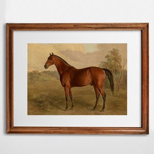 May include: A framed painting of a brown horse standing in a field. The horse is facing to the left and has a long tail. The background is a landscape with trees and a cloudy sky.