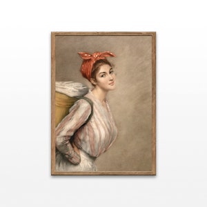 Puede incluir: Una pintura de una mujer con un pañuelo rojo y una camisa a rayas. Lleva una cesta grande a la espalda.