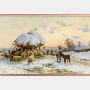 May include: A painting depicting a snowy winter scene with a flock of sheep sheltering under a haystack, and two donkeys standing in the foreground. The sky is a pale orange and yellow, and the snow is white and fluffy.