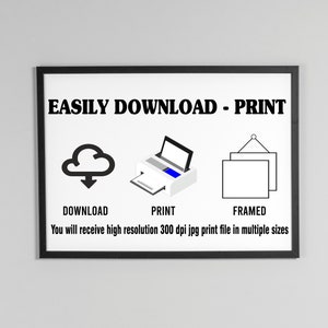 May include: A black and white illustration of a cloud with a download arrow, a printer, and a framed picture. The text reads "EASILY DOWNLOAD - PRINT" and "You will receive high resolution 300 dpi jpg print file in multiple sizes".