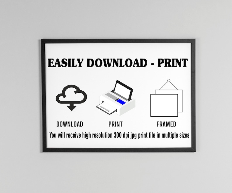 May include: A black and white illustration of a cloud with a download arrow, a printer, and a framed picture. The text reads "EASILY DOWNLOAD - PRINT" and "You will receive high resolution 300 dpi jpg print file in multiple sizes".