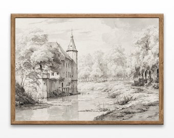 Vintage Castle Drawing: Antique Landscape Sketch (Digital Download)