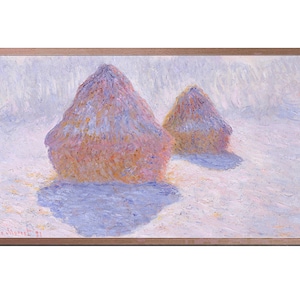 May include: A painting of two haystacks in a field covered in snow. The haystacks are a pale pink and yellow color, and the snow is a light blue. The painting is done in a style reminiscent of Impressionism.