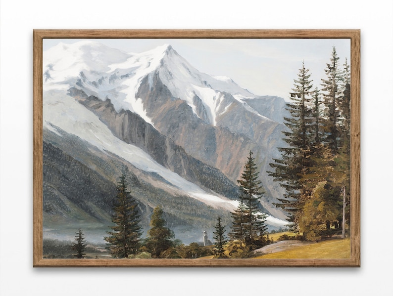 May include: A framed painting depicting a snow-capped mountain range with a valley in the foreground. The mountain peaks are covered in white snow, and the valley is filled with lush green trees. The painting is done in a realistic style, with a focus on detail and colour.