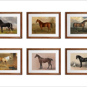 May include: Six framed paintings of horses in various poses and colors. The paintings are all in wooden frames with a brown finish.