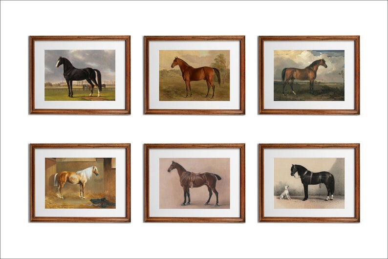 May include: Six framed paintings of horses in various poses and colors. The paintings are all in wooden frames with a brown finish.