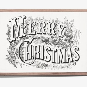 May include: Black and white vintage illustration of the text "Merry Christmas" surrounded by floral designs.