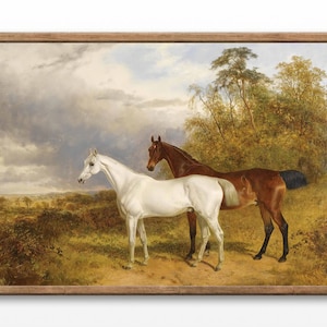 Two Horses Vintage Landscape Art Print: Farmhouse Wall Decor (Digital Download)