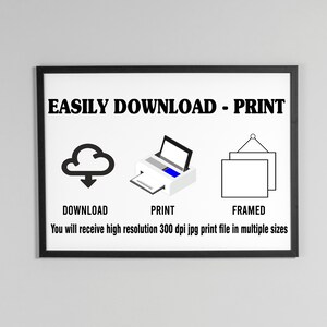 May include: A black and white illustration of a cloud with a download arrow, a printer, and a framed picture. The text reads "EASILY DOWNLOAD - PRINT" and "You will receive high resolution 300 dpi jpg print file in multiple sizes".