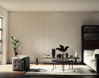 May include: A modern living room with a neutral color palette. Features include a patterned accent wall, a black coffee table, a gray ottoman, and a white sofa. Decorative vases and a plant add to the room's aesthetic.