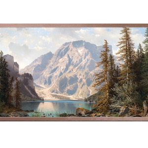 May include: A painting of a mountain lake scene with a large mountain in the background, a lake in the foreground, and trees on either side of the lake.