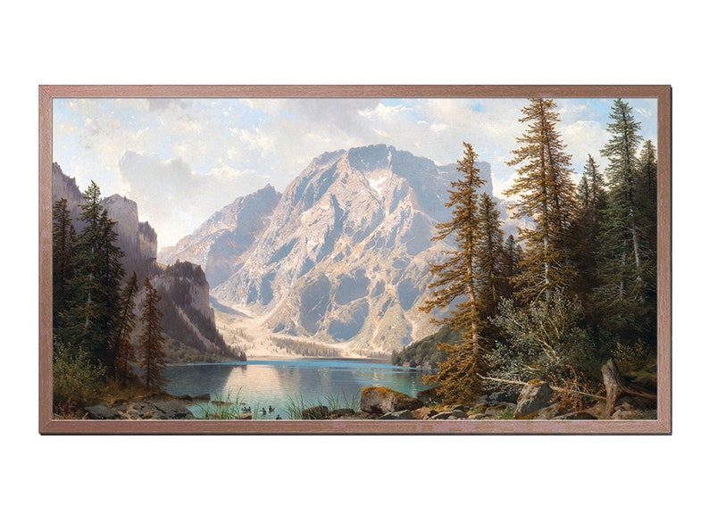 May include: A painting of a mountain lake scene with a large mountain in the background, a lake in the foreground, and trees on either side of the lake.