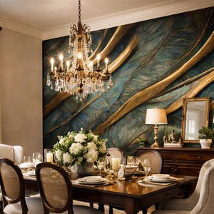 May include: Elegant dining room with a dark wood table set for a meal. A large floral arrangement sits in the center. A crystal chandelier hangs above the table. The wall features a large mural with gold and teal accents.