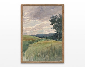 Landscape of Countryside, Vintage Watercolor Paintings, Farmhouse Wall Decor, Digital Download, Printable Wall Art