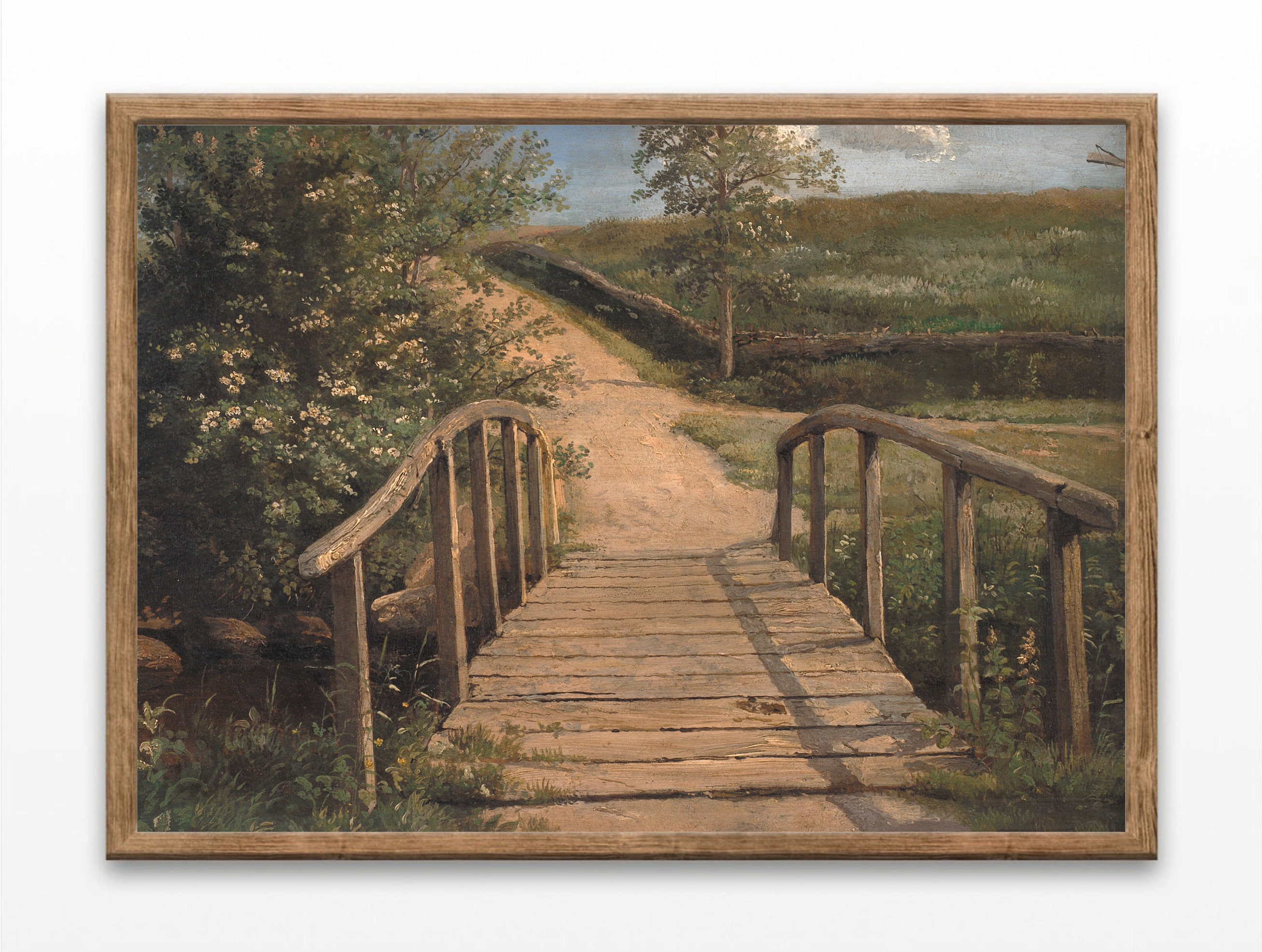 Vintage Bridge Landscape Painting: Antique Lake House Art (digital