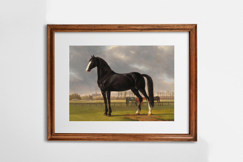 May include: A painting of a black horse standing in a field with other horses in the background. The horse has a white star on its forehead and is standing in a field with a fence in the background.