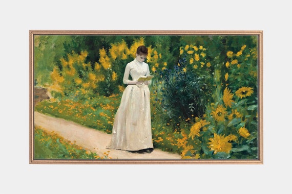J: Schynoet 庭園の絵画 プリント ヴィンテージ Samsung Frame TV アート：ヴィンテージガーデンで読書をする女性