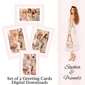 Peut inclure: Un ensemble de quatre cartes de vœux avec des illustrations numériques de femmes en pyjama et une femme en robe à pois. Le texte indique Set of 4 Greeting Cards Digital Downloads et Sophia & Friends. Les images montrent diverses scènes.