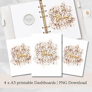 Könnte beinhalten: Ein weißer Planer mit goldenen Ringen und einem Wachssiegel mit der Aufschrift Darcie's & Co. Vier weiße A5-Einlagen zeigen einen braun-schwarzen Leopardenmuster-Aquarellhintergrund mit goldenem Schriftzug Believe, Thrive, Achieve und Become.