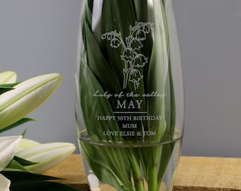Birthday Gifts For Women/Birth Month Flowers Vase/Engraved Glass Birthday Gift