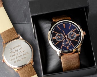 Personalised Watch for Men - Engraved, Brown Leather Strap