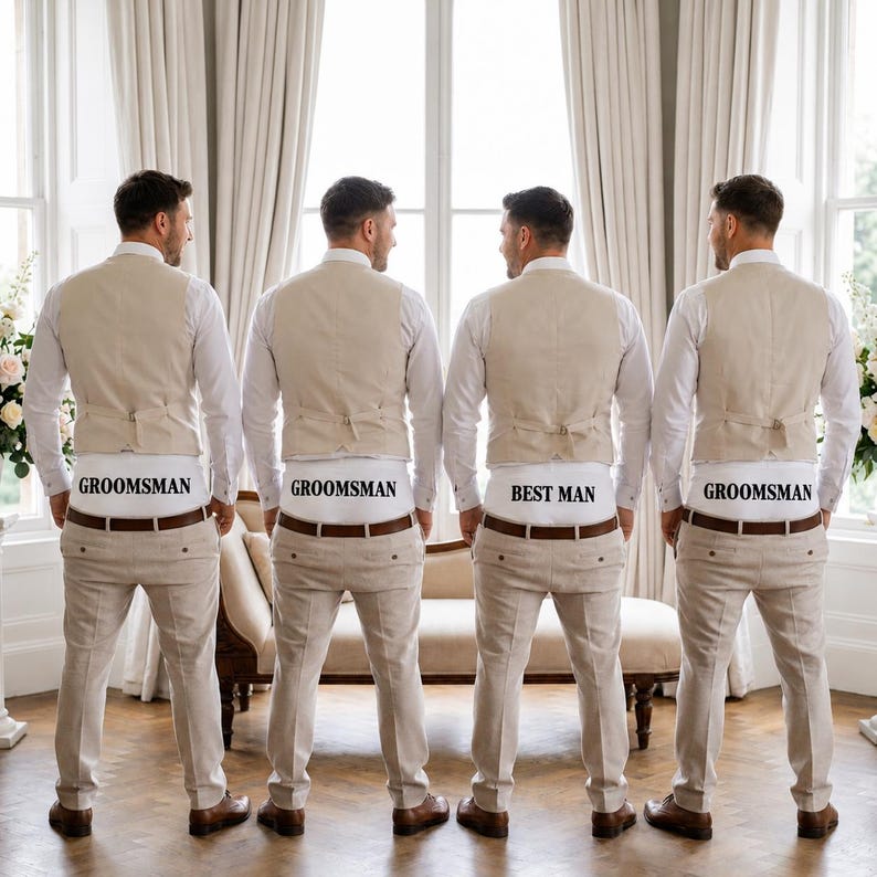 May include: Four individuals wearing white long-sleeved shirts, beige vests, and beige trousers. Each person wears white underwear visible above the waistband of their trousers, with the text GROOMSMAN printed on three and BEST MAN on one.