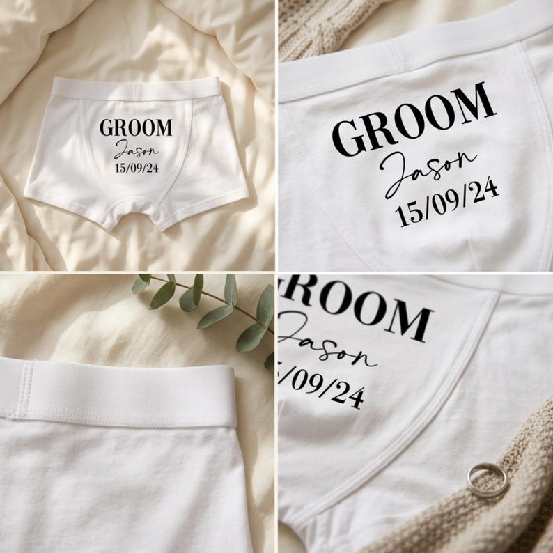 May include: White boxer briefs featuring black printed text that reads GROOM, the name Jason in a script font, and the date 15/09/24. The underwear has a wide elastic waistband and a classic cut, presented in a clean, simple design.