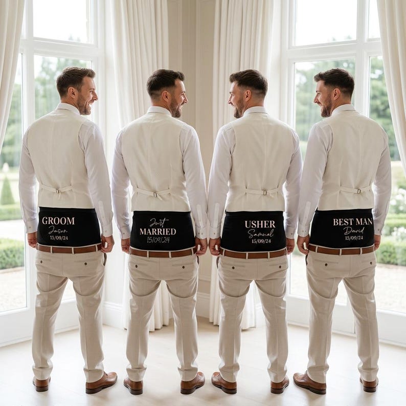 May include: Four individuals wearing white long-sleeved shirts, cream vests, and beige trousers. Each person wears black underwear visible above the waistband with white text: GROOM Jason 15/09/24, Just MARRIED 15/09/24, USHER Samual 15/09/24, and BEST MAN David 13/09/24.