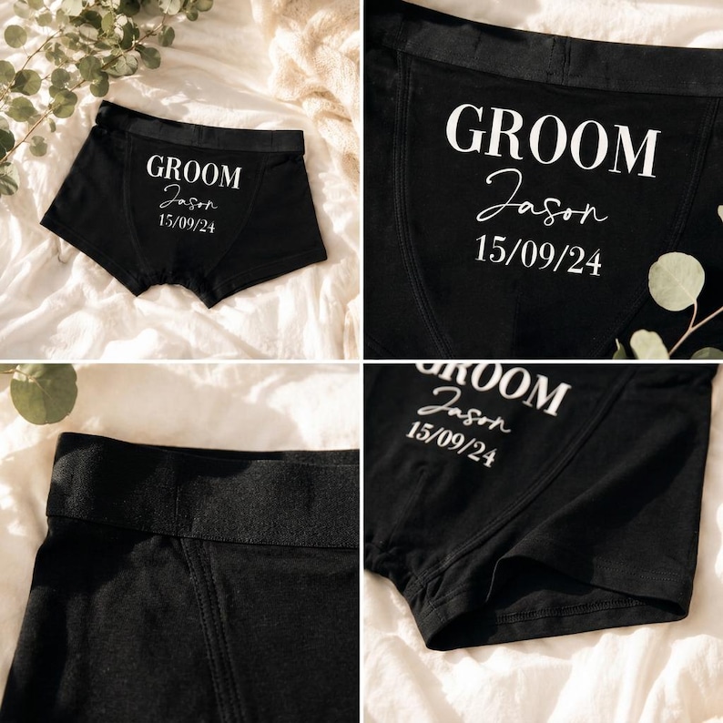 May include: Black boxer briefs featuring white printed text that reads GROOM, the name Jason in a cursive script, and the date 15/09/24. The garment has a wide elastic waistband and visible stitching details on the front panel of the fabric.