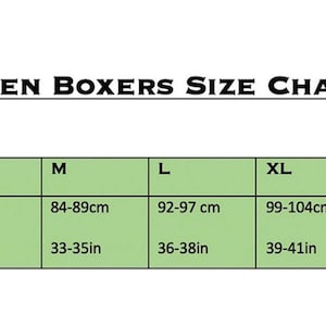 May include: A size chart for boxers with the heading MEN BOXERS SIZE CHART. The table displays sizes S, M, L, XL, and 2XL with corresponding waist measurements in centimeters ranging from 76-112cm and inches ranging from 30-44in on a light green background.