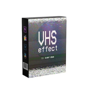 May include: A black box with a VHS effect overlay. The box has the text "VHS effect" and "11 overlays" on it. The box is for video editing software.
