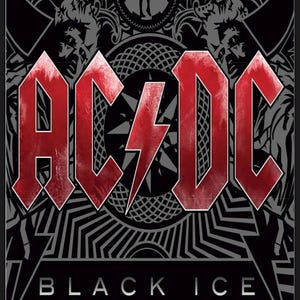 May include: A black and white graphic of a band logo with the text "AC/DC" in red. The logo is surrounded by a black and white design. The text "BLACK ICE" is below the logo. The text "GUITAR TAB" is in the top right corner of the image.