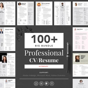 May include: A collection of 100+ professional resume templates in a big bundle. The templates are designed for use in Adobe InDesign, Microsoft Word, and Adobe Illustrator. The text on the image reads "100+ Big Bundle Professional CV/Resume UK Template Support: Adobe Indesign, Microsoft Word, Adobe Illustrator".