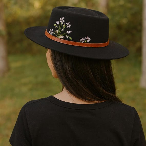 Hand Embroidered Felt Fedora: Boho Floral Wide Brim Hat - Etsy display picture 1