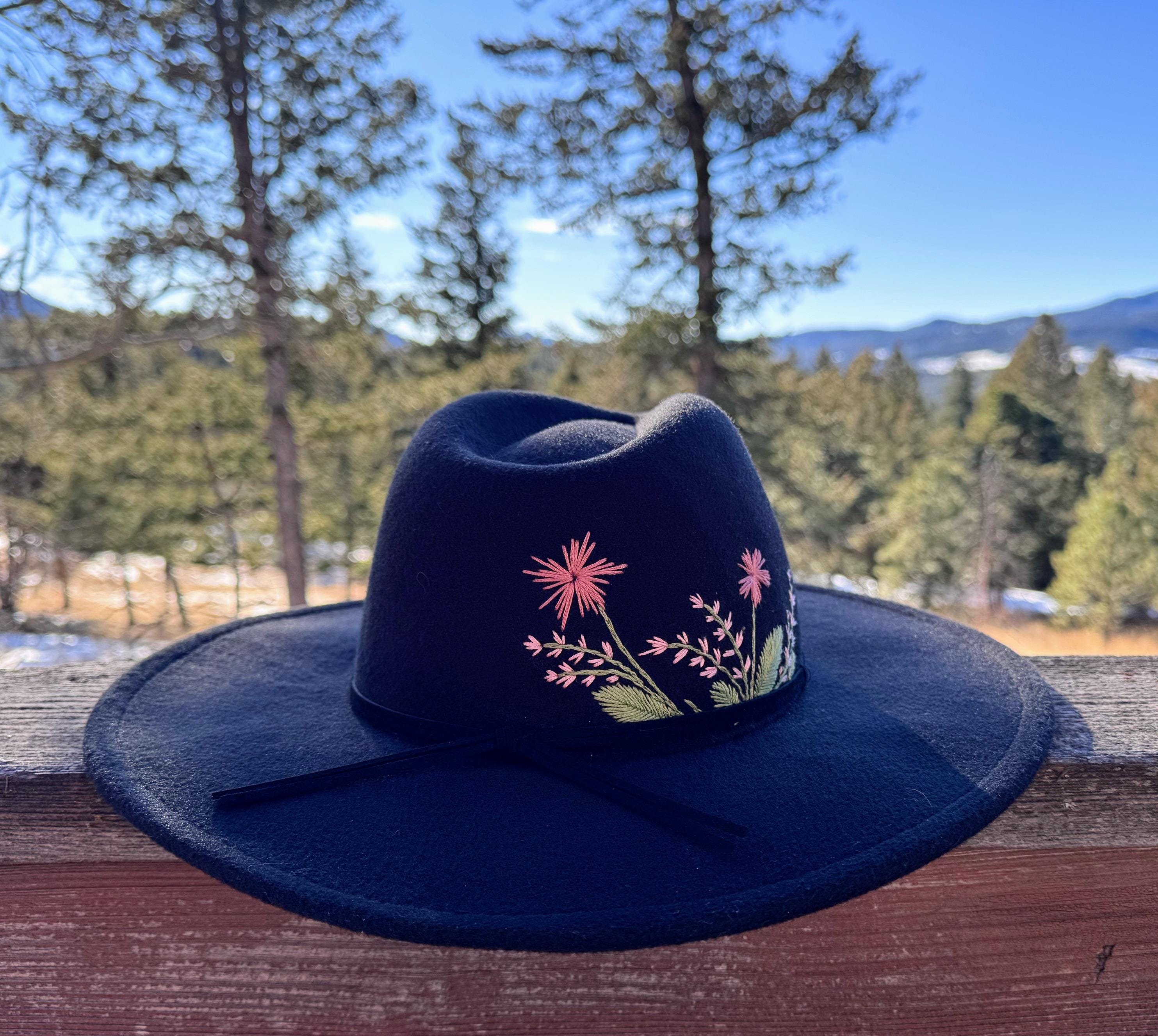 Hand Embroidered Felt Fedora: Boho Floral Wide Brim Hat - Etsy