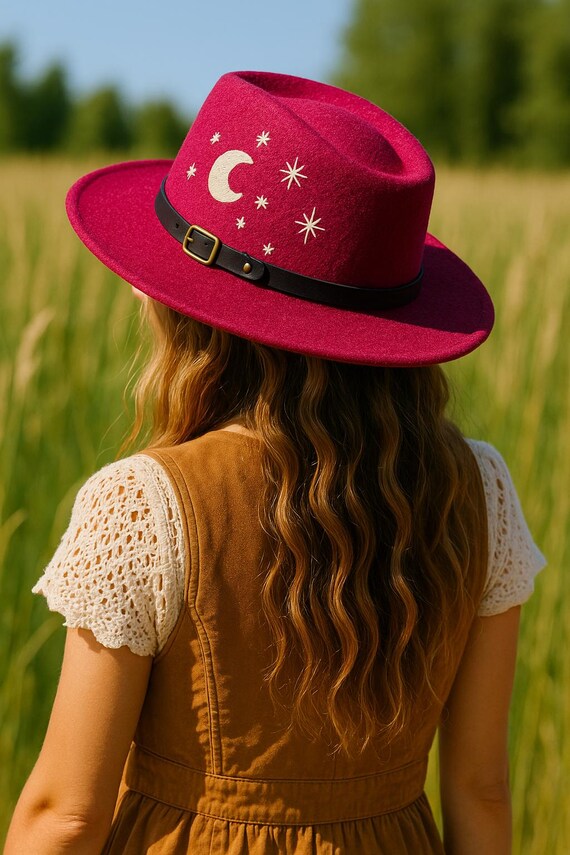 Hand Embroidered Fedora: Maroon Felt Hat With Stars and Moon  display picture 3