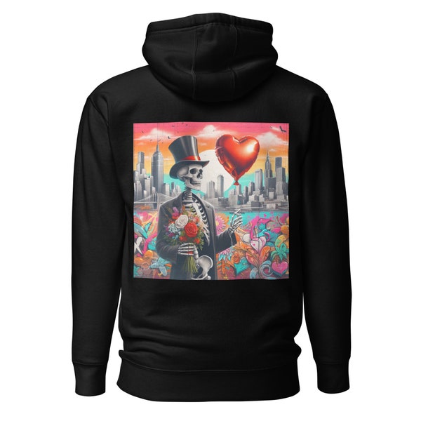 Colorful Skeleton Holding Balloon Unisex Hoodie, Downtown City, Graffiti