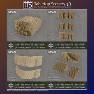 Puede incluir: Un conjunto de cimientos de ciudad en miniatura impresos en 3D para juegos de mesa. El conjunto incluye cimientos en ruinas, muros de contención, muros de contención de esquina y escaleras rectas con una rampa de piedra. Las piezas están hechas de plástico marrón claro y están diseñadas para ser utilizadas con otros conjuntos de miniaturas.