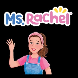 May include: A cartoon illustration of a woman with brown hair wearing a pink headband, a pink shirt, and blue overalls. She is waving with her right hand and smiling. The text "MS. RACHEL" is above her in pink and blue letters.