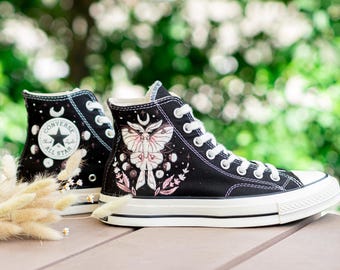 Luna Moth Embroidered Converse High Tops, Celestial Black Sneakers, Gothic Botanical Shoes, Witchy Gift