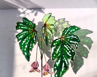 Vibrant Begonia Lana Stained Glass - Handcrafted Tropical Leaf Art - Custom Window Decor - Makes a Thoughtful Gift