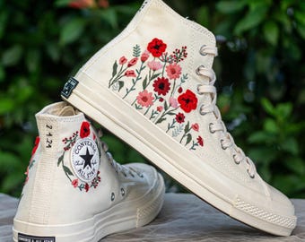 Floral Embroidered Converse 1970s High Tops, Red Poppy Wildflower Sneakers, Custom Wedding Shoes
